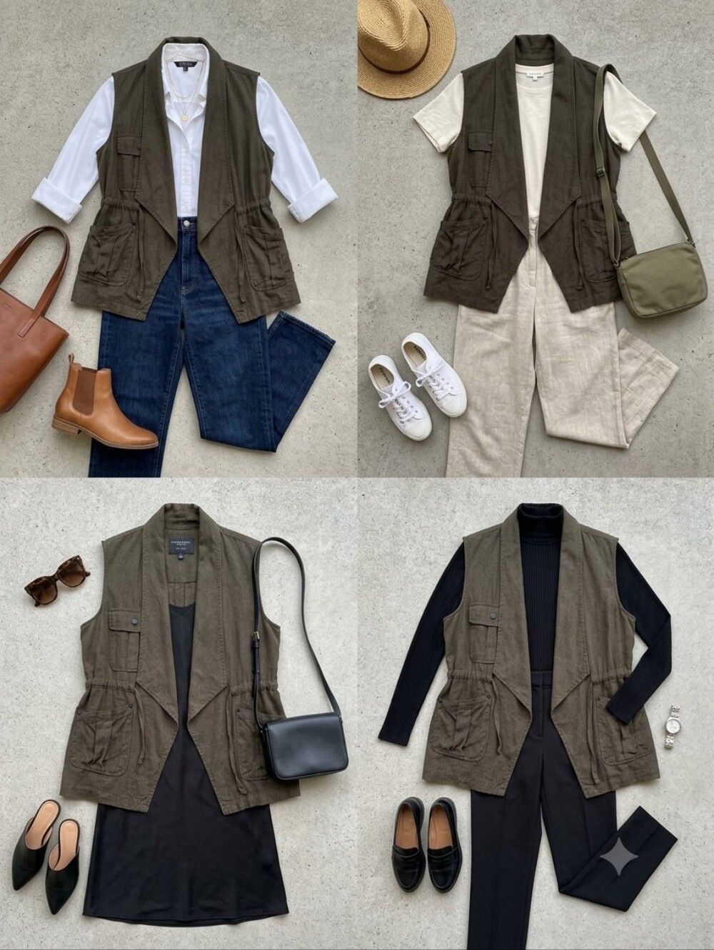 Sanctuary Dark Olive Linen Drawstring Safari Cargo Pocket Utility Vest Size M